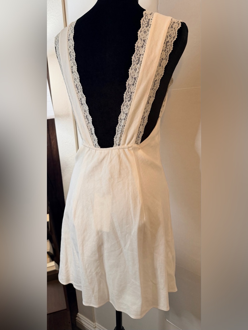 Cotton-Linen Cottage-Core White Lace Double Lined Trim Tie Front Mini Dress M - Picture 5 of 13